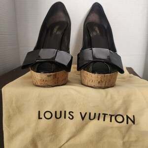 Louis Vuitton Patent Leather Peep-Toe Platform Cork Wedges with Bow Accent